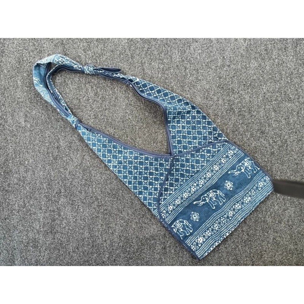 Thai Elephant Sling Bag Boho Crossbody Hobo Shoulder Purse Navy Blue 2 Pocket